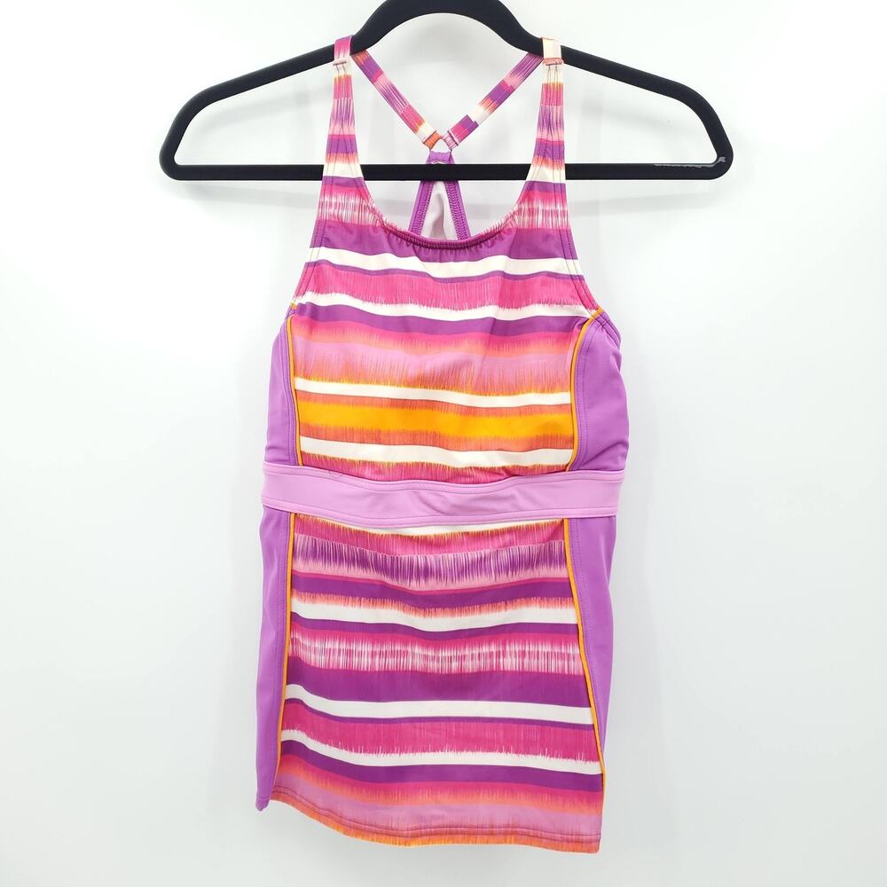 Lands' End Tankini Top Womens 10 Purple Pink Striped High Neck Crossback Swim